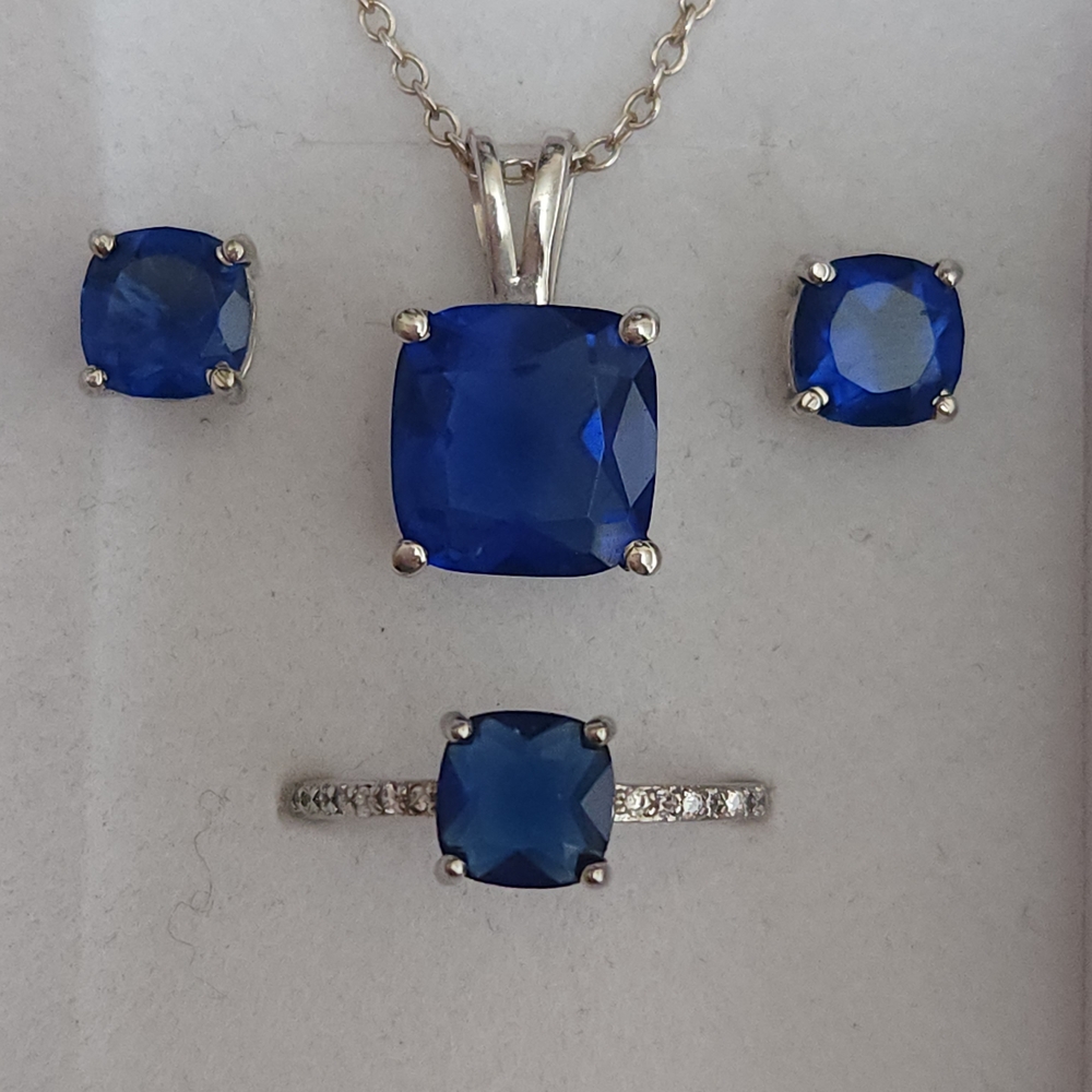 Custom Made White Gold And Blue Sapphire Jewelry Set